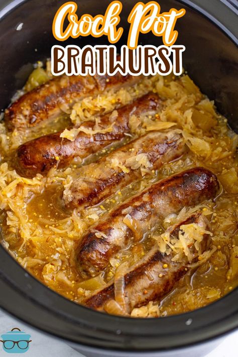 Slow Cooker Brats (With Sauerkraut) - The Country Cook Gameday Crockpot Recipes, Bratwurst Recipes Crockpot, Slow Cooker Brats, Sauerkraut And Apples, Brats And Sauerkraut, Bratwurst Recipe, Bologna Recipes, Brats Recipes, Bratwurst Recipes