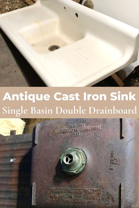 antique cast iron sink single basin double drainboard information stamps on bottom of sink Cast Iron Kitchen Sink With Drainboard, Old Sink Ideas, Victorian Farmhouse Interior, Cast Iron Farmhouse Sink, Vintage Kitchen Sink, Iron Sideboard, House Framing, Cast Iron Kitchen Sinks, Diy Home Renovations