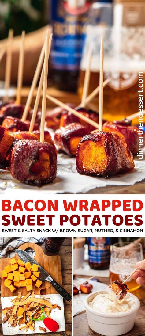 Bacon Wrapped Sweet Potatoes perfectly combine sweet and salty with crispy bacon, tender sweet potatoes, brown sugar, nutmeg, and cinnamon. The perfect party finger food! Bacon Wrapped Sweet Potato, Bacon Wrapped Sweet Potato Bites, Maple Bacon Sweet Potatoes, Bacon Finger Food, Sweet Potatoes Appetizers, Bacon Wrapped Potato Wedges, Sweet Potato Finger Food, Bacon Wrapped Appetizers Ideas, Sweet Potato Appetizer Recipes