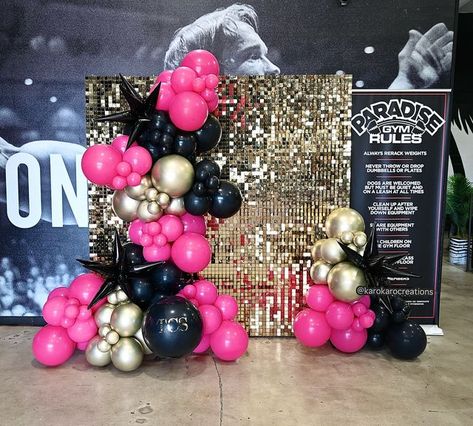 Hot pink, black and gold balloon garland. Bridal shower. Birthday party decoration. Balloon decor Black Pink And Gold Party, Pink Black White Gold Balloon Garland, Black Gold And Pink Party Decoration, Pink And Gold Balloons, Black Pink And Gold Balloon Garland, Gold Pink Black Party Decor, Pink And Black Balloon Arch, Pink Black And Gold Party Decorations, Black And Pink Balloons Decoration