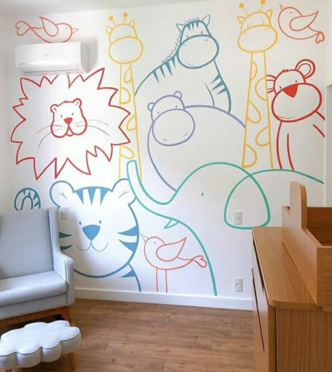 Gender Neutral Playroom Mural, Easy Playroom Wall Mural, Ludoteca Infantil Ideas, Easy Wall Art Painting, School Murals For Kids, Pediatric Clinic Design Interiors, Children Room Wall Painting, Kids Room Murals Diy, Playroom Wall Mural