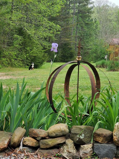 Wine Barrel Metal Rings Garden Art, Wine Barrel Rings Garden, Barrel Rings Repurposed, Wine Barrel Rings, Milk Container, Barrel Rings, Flower Bar, Yard Project, Garden Art Sculptures Diy