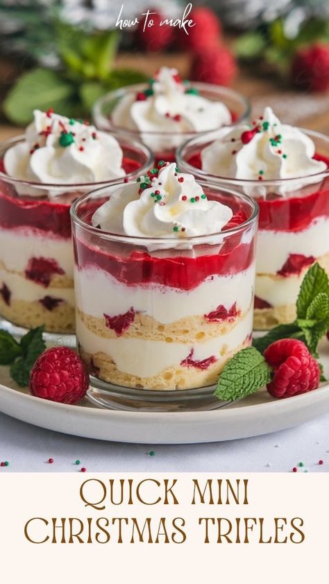 Bring some Christmas magic to your dessert table with these easy-to-make mini trifles! With layers of festive goodness, these individual treats are perfect for any celebration. Dessert Finger Foods For Christmas Party, Holiday Layered Desserts, New Christmas Recipes, Festive Desserts Christmas Parties, Best Desserts For Christmas Dinner, Individual Trifles Cups, Dessert Recipes For Christmas Party, Mini Trifles Cups, Desserts For Christmas Party Easy