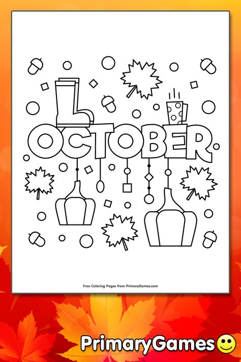 FREE October Coloring Page printable. PRINT and COLOR Fall PDF Coloring Books from PrimaryGames. Our online collection of EASY and ADULT Coloring Pages feature the BEST pictures for you to color. October Pictures, Pictures To Color, Merry Christmas Tags, Turkey Coloring Pages, Kids Printables, Rock Painting Tutorial, Bullet Journal Mood Tracker Ideas, Coloring Calendar, Coloring Page Printable