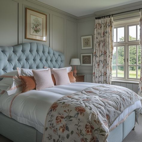 Woodmancote Family Home, The Cotswolds  Duck egg blue and peach tones with floral drapery and bed throw “Olivia - red/green” from @colefaxandfowler create a comfortable layered experience in the Master Bedroom and “Rose Briar in Pale Pink” from @chelseatextiles in the En-suite.  Panelling was introduced in each room, enhancing the cornicing and other existing architectural features of the property.    #timelessdesign #freshinteriors #sustainableinteriordesign #cotswoldhomes #ensuitedesign Cotswold Cottage Interior Bedroom, Cottage Interiors Bedroom, Cotswold Cottage Interior, Pale Pink Bedrooms, Duck Egg Duvet Cover, Duck Egg Blue Bedroom, Mint Green Room, Green Room Design, Dubai Apartment