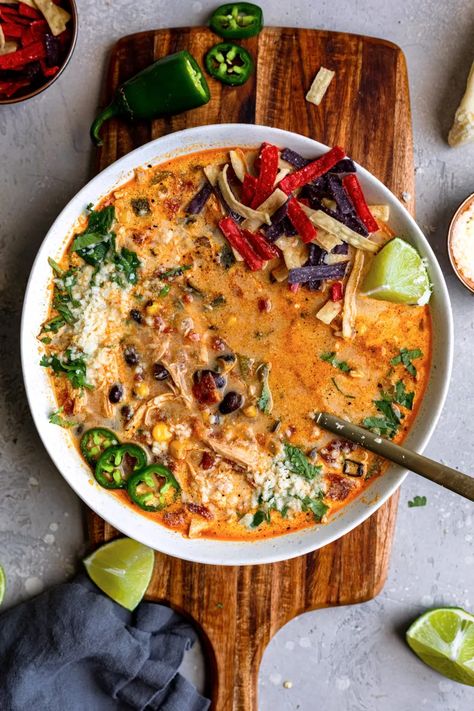 Crock-Pot Creamy Chicken Tortilla Soup - Dash of Mandi Weight Watchers Chicken Tortilla Soup Crock Pot, Crockpot Creamy Chicken Tortilla Soup, Crockpot Creamy Chicken, Ww Soup, Chicken Tortilla Soup Crock Pot, Creamy Chicken Tortilla Soup, Keto Soups, Enchilada Soup, Thai Cooking