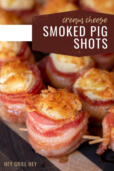 Big Green Egg Appetizers, Best Bbq Appetizers, Pellet Smoker Appetizer Recipes, Simple Summer Appetizers, Appetizers On The Smoker, Smoker Appetizers Recipes, Bacon Shots, Traeger Appetizers, Pig Shots Recipe