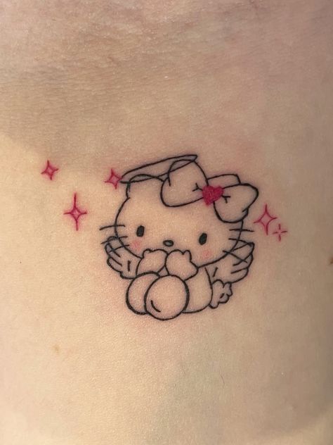 Angel Hello Kitty Tattoo, Tatuajes Hello Kitty, Bratz Tattoo, Tatuaje Hello Kitty, Baddie Tats, Soft Tattoo, Hello Kitty Tattoo, Cute Thigh Tattoos, Kitty Tattoo