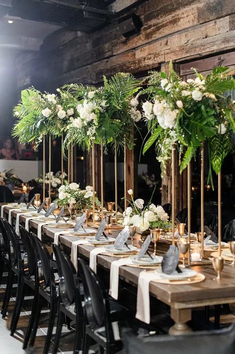 Tall Centerpieces With Tropical Leaves at Casa Malca in Tulum, Mexico Glam Beach Wedding, Roc Nation Brunch, Wedding Tulum, Roc Nation, Blush Color Palette, Tropical Wedding Theme, Tropical Glam, Jumping The Broom, Blush Wedding Dress