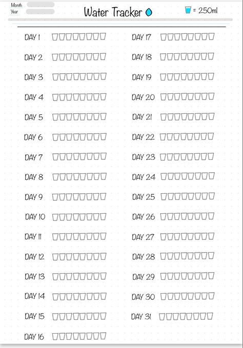 Staying hydrated is essential for your overall health and well-being. This hydration tracker can help you make sure you're drinking enough water each day. Just track your water intake and see how you're doing over time.

[Image of a hydration Water Tracker Template, Water Intake Chart, Water Tracker Printable, Bullet Journal Layout Templates, Water Intake Tracker, Hydration Tracker, Printable Habit Tracker, Drinking Enough Water, Habit Tracker Bullet Journal