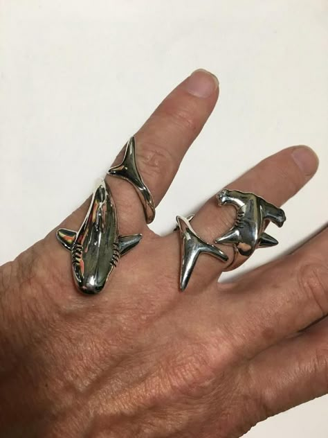 WHALE SHARK RING & HAMMERHEAD SHARK RING, both Adjustable. Hand made Sterling Silver. RasnickJewelry.Etsy.com  #shark #sharkjewelry #sharkring #whaleshark #hammerheadshark Shark Ring, Shark Jewelry, Whale Jewelry, Shark Pendant, Mens Jewerly, Iron Jewelry, Fancy Watches, Hammerhead Shark, Hawaiian Jewelry