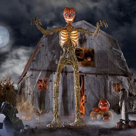 the home depot home accents holiday 12 foot inferno pumpkin skeleton Giant Skeleton, Scary Halloween Decorations Outdoor, Halloween Yard Art, Pumpkin Skeleton, Casa Halloween, Lantern Head, Human Bones, Scary Halloween Decorations, Halloween Yard