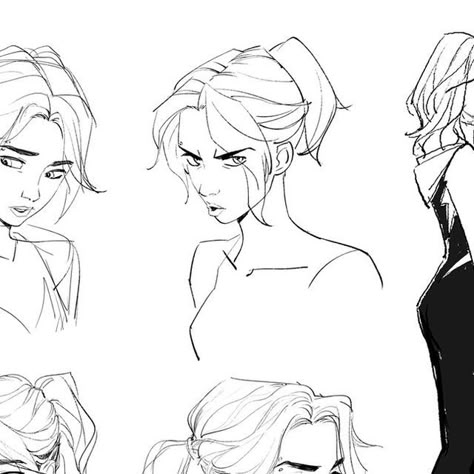 Gwen Concept Art, Gwen Character Design, Long Hairstyle Reference, Spider Man Inspired Hairstyles, Buns Drawing Reference, Gwen Stacy Character Design, Women Hairstyles Drawing Reference, Comics Drawing Style Character Design, Comic Hairstyles