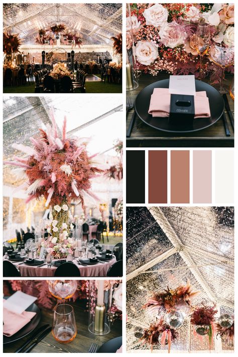 2023 wedding color trends with twinkle light canopy in clear tent, pink and mauve pampas grasses to accent black China and flatware. Contemporary and modern but soft and unique details to bring an element of soft touches. Mauve Black And Silver Wedding, Mauve And Light Pink Wedding, Brown Pink And Gold Wedding, Black Mauve Wedding, Mauve And Black Wedding Theme, Pink Wedding Theme Black People, Black And Pink Boho Wedding, Blush And Champagne Wedding Decorations, Black Wedding Colour Scheme