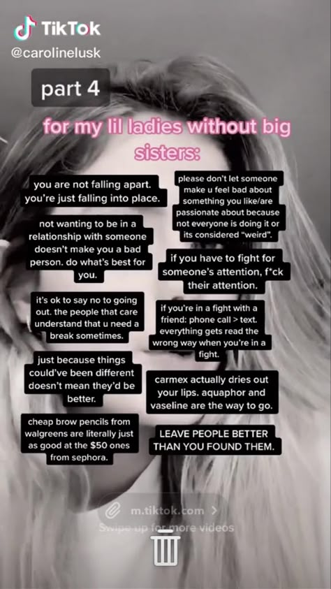 Big Sister Advice, Teen Tips, Sister Advice, Life Hacks Every Girl Should Know, Teen Advice, High School Advice, Girl Advice, Baddie Tips, Older Sister