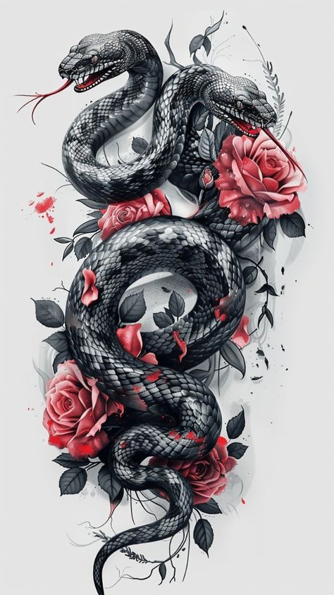 Snake Tattoos For Black Women, Lady With Snake Tattoo, Raddle Snake Tattoo, Snake Art Print, Diamond Back Rattlesnake Tattoo, Snake Flower Tattoo Design, Shoulder Snake Tattoo, Chinese Snake Tattoo, Hebi Tattoo