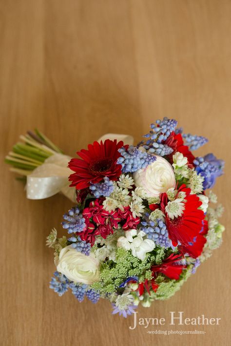 JayneHeather_WeddingPhotojournalismEssex_BridalPreparation_0845 Blue Red Bouquet, Red White Blue Bouquet, Pink Red And Blue Wedding, Flowers For Red Dress, Prom Bouquet Red Dress, Red Prom Flowers Bouquet, Prom Bouquet Red, Red And Blue Bouquet, White And Blue Bridal Bouquet