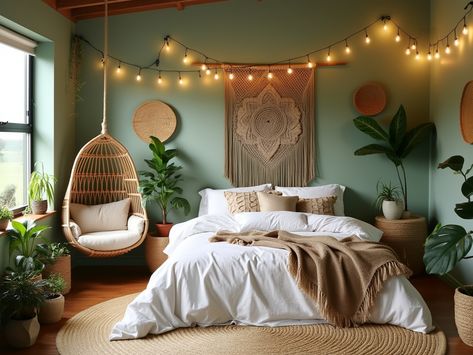 Transform your space into a tranquil haven with this bohemian bedroom design! 🌿 Featuring layers of soft white linens, cozy macramé pillows, and a chic rattan hanging chair, this serene retreat invites relaxation. The soft sage green walls, large woven wall hanging, and vibrant potted plants create a harmonious balance with nature. Complete with a patterned jute rug and warm string lights, this dreamy escape is all about comfort and style. ✨ #BohemianStyle #HomeDecor Sage Bohemian Bedroom, Zen Bedroom Ideas Serenity, White And Sage Green Bedroom, Buddhist Bedroom, Bedroom With Plants, Rattan Hanging Chair, Halloween Rave Outfits, Warm String Lights, Sage Bedroom