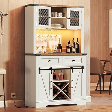 Wine Bar Cabinet with Charging Station#checkitout Barn Door Glass, Coffee Bar Cabinet, Glam Lighting, Farmhouse Bar, Wine Bar Cabinet, Home Bar Furniture, Buffet Cabinet, Door Glass, Wine Cabinets