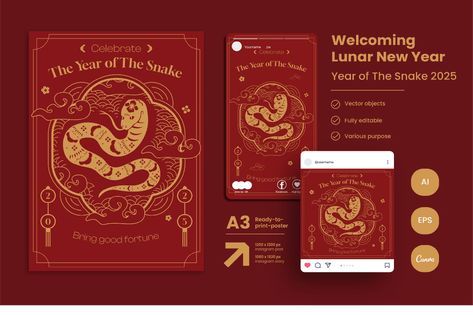 Happy Lunar New Year of The Snake Poster 2025, Print Templates ft. lunar & year - Envato Snake Poster, New Year Postcard, Lunar Year, Happy Lunar New Year, Music Web, Year Of The Snake, New Years Poster, Food Garnishes, Music Logo