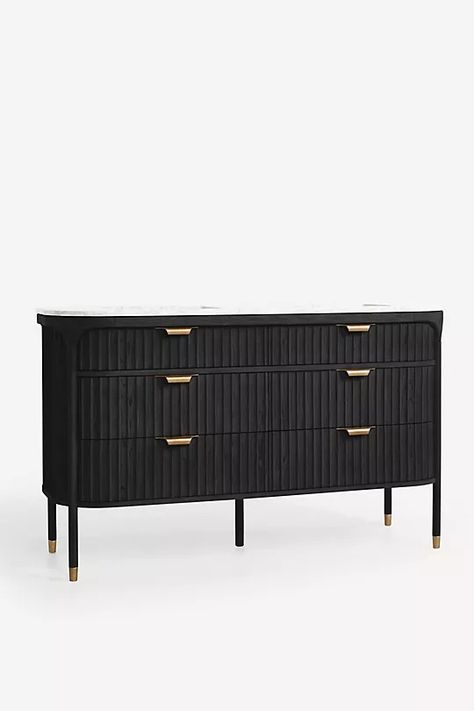 Isla Marble-Top Fluted Double Bathroom Vanity | Anthropologie Cottage Master Bath, Farmhouse Bathrooms, Black Vanity Bathroom, Ceramic Undermount Sink, Bathroom Upstairs, Plumbing Installation, Double Vanity Bathroom, Aesthetic Space, Double Sink Bathroom