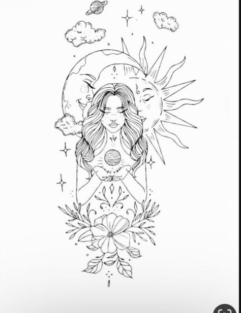 Spiritual Woman Tattoo Design, Libra Planet Tattoo, Sun And Moon Intertwined Tattoo, Feminine Tattoo Sleeves Non Floral, Virgo Woman Tattoo, Goddess Of Love Tattoo, Leo Goddess Tattoo, Odesza Tattoo, Mom Of 3 Tattoo