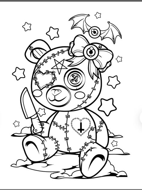 Teddy Tattoo, Creepy Teddy Bear, Free Adult Coloring Printables, Witch Coloring Pages, Skull Coloring Pages, Adult Coloring Books Printables, Adult Colouring Printables, Love Coloring Pages, Adult Coloring Designs