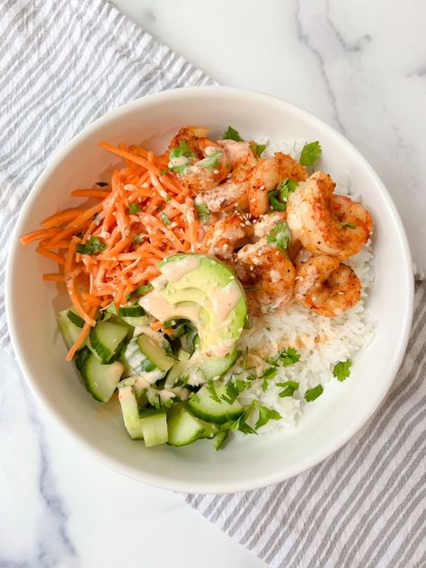 Spicy Shrimp Bowl - TeacherTastes Spicy Shrimp Bowl, Sweet Potato Burger, Potato Burger, Shrimp Bowls, Shrimp Bowl, Sweet Potato Burgers, Best Sweet Potato, Food Plates, Keto Healthy