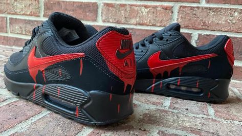 Nike Shoes Air Max 90 Women's, Painted Nike Shoes, Af Shoes, Nike Shoes Custom, Nike Red Sneakers, Nike Air Max 90s, Nike Shoes Women Fashion, Customized Shoes, Custom Sneakers Diy