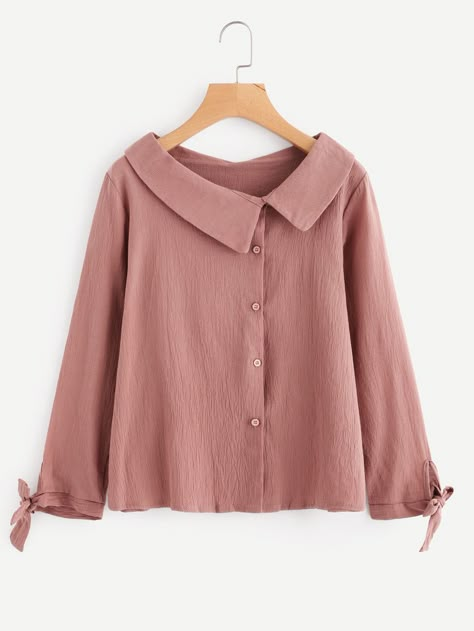 Shop Asymmetric Collar Tie Cuff Shirt online. SheIn offers Asymmetric Collar Tie Cuff Shirt & more to fit your fashionable needs. Fashion Tops Blouse, Trendy Fashion Tops, Vestidos Vintage, Fashion Attire, Designs For Dresses, Ladies Tops Fashion, Blouse Styles, Fashion Tops, Stylish Dresses