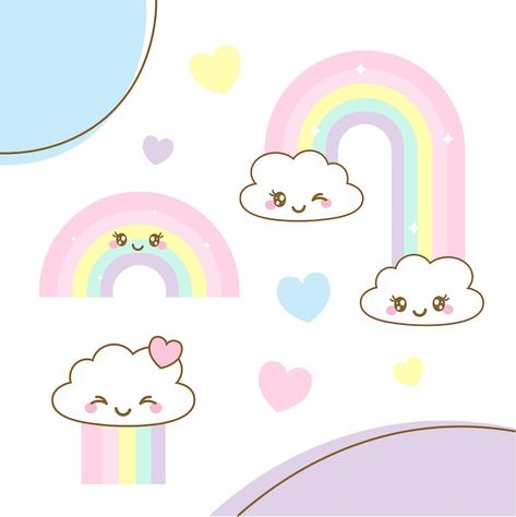 Easy Sketching, Sketching For Beginners, Kawaii Clouds, Kawaii Pictures, Kawaii Cloud, Children's Drawing, Sun Drawing, Rainbow Clipart, Kawaii Faces