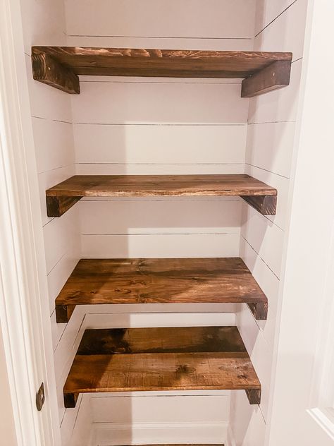 Small Hallway Pantry Ideas, Butcher Block Pantry Shelves, Hallway Closet Pantry Ideas, Small Farmhouse Pantry Ideas, Diy Pantry Shelves Small Closet, Pantry Wooden Shelves, Cheap Pantry Ideas, Pantry Shelves Wood, Pantry Shelf Ideas Diy