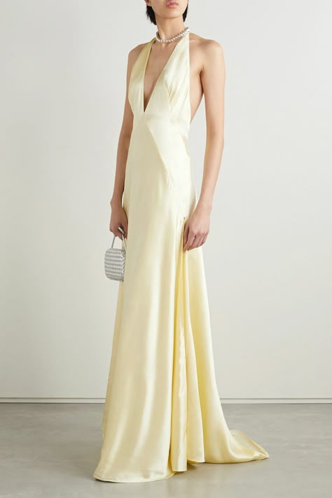 Pale Yellow Bridesmaids, Gown Aesthetic, Silk Yellow Dress, Silk Evening Gown, Backless Gown, Yellow Gown, Designer Maxi Dress, Yellow Bridesmaids, Flamboyant Natural