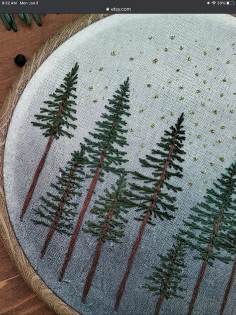 Embroidery Patterns Trees, Easy Tree Embroidery, How To Embroider Mountains, Redwood Tree Embroidery, Pine Tree Embroidery Pattern, Evergreen Tree Embroidery, Embroider Pine Tree, How To Embroider Pine Trees, Pine Tree Embroidery Simple