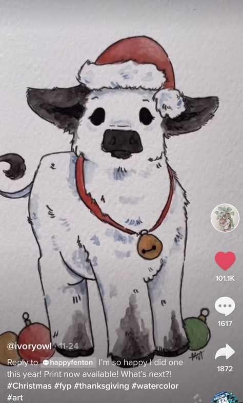 Xmas Drawing, Cow Drawing, Animation Art Sketches, Cute Sketches, Cute Animal Drawings Kawaii, Canvas Painting Designs, Cute Doodles Drawings, Cute Doodle Art, Christmas Drawing