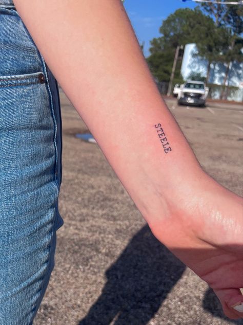 last name, arm tattoo cute picture Cute Tattoo Placement For Women Arm, Small Last Name Tattoos, Middle Name Tattoos, Last Name Tattoo Placement, Last Name Tattoo For Women Placement, Tattoo Name Placement For Women, Reyna Tattoo, Maiden Name Tattoos For Women, Name Tattoo Arm