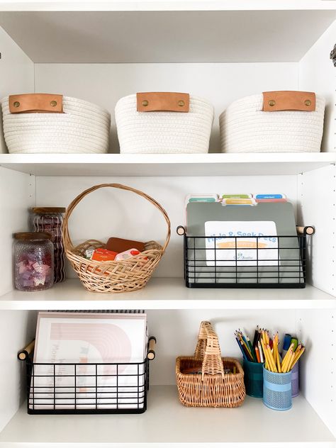 How we organize our homeschool cabinet. The perfect bins to hold our curriculum and activity folders. Homeschool Cabinet Organization, Homeschool Cabinet, Storage Cabinet Organization, Homeschool Storage, Cabinet Storage, Cabinet Organization, Storage Cabinets, Storage Cabinet, Tiny House