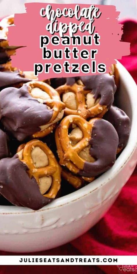 Chocolate Dipped Peanut Butter Pretzels are a quick and easy holiday treat. Peanut butter frosting in between two pretzels that are dipped in chocolate. The perfect sweet and salty combo. Once you start munching on these you won't be able to stop! Peanut Butter Pretzels, Butter Pretzels, Chocolate Dipped Pretzels, Peanut Butter Pretzel, Dipped In Chocolate, Candy Recipes Homemade, Peanut Butter Frosting, Christmas Candy Recipes, Peanut Butter Filling