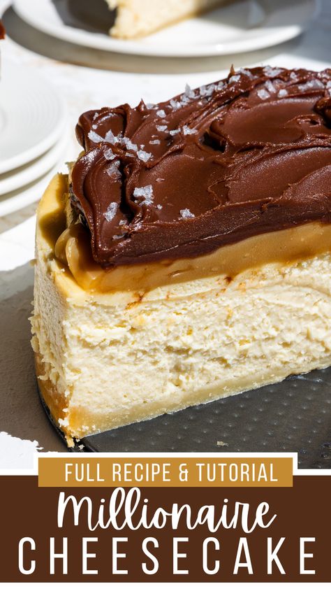 Caramel Chocolate Cheesecake Recipes, Birthday Cake With Cheesecake Layer, Millionaire Shortbread Cheesecake, Cheesecake With Cake Layer, Chocolate Caramel Cheesecake Recipe, Caramel Topping For Cheesecake, Chocolate Ganache Desserts, Gourmet Cheesecake Recipes, Cheesecake Recipe Ideas