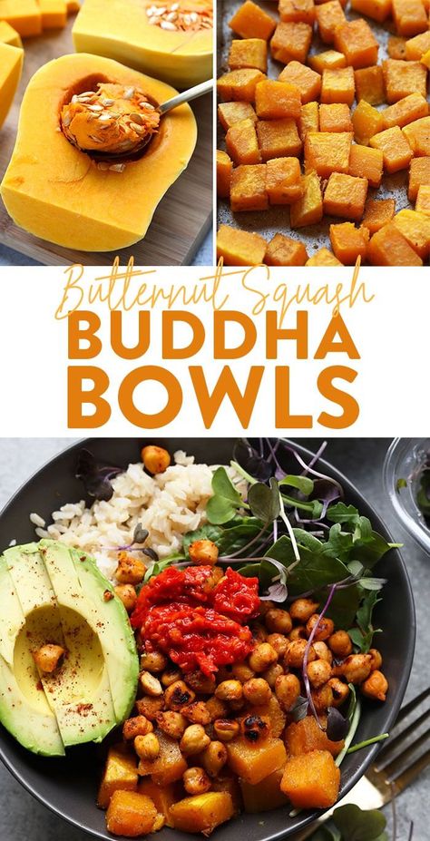 These Butternut Squash Buddha Bowls are the most colorful meal you'll ever eat! They're made with brown rice, crunchy chickpeas, roasted butternut squash, greens, avocado, and harissa sauce. Make a double batch of these bowls for a healthy and delicious meal prep recipe for the week! Chickpeas Roasted, Mediterranean Bowl, Harissa Sauce, Crunchy Chickpeas, Buddha Bowls Recipe, Delicious Meal Prep, Roasted Pear, Buddha Bowls, Fit Foodie