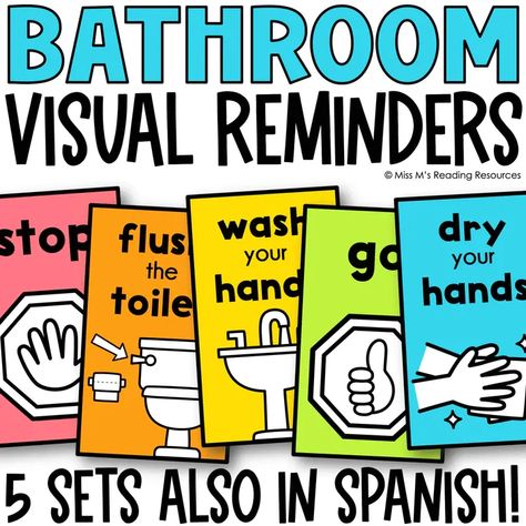 Bathroom Visual Reminders. Back To School Checklist. Classroom Management. Digital and Printable Teacher Resource. First day of School. First week of School. Curriculum. Classroom Bathroom, School Bathroom, Rainbow Boho, Schedule Cards, Bathroom Rules, Class Management, Classroom Printables, Primary Classroom, Classroom Setup