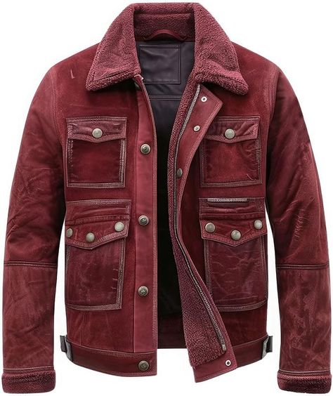 Men’s Maroon Genuine Suede Leather Jacket, Warm Sherpa Shearling Faux Fur Collar, Button-Down Field Style (Maroon, ONE) : Amazon.ca: Clothing, Shoes & Accessories Biker Leather Jacket, Suede Leather Jacket, Biker Leather, Faux Fur Collar, Fur Collar, Suede Leather, Faux Fur, Shoe Accessories, Shoes Accessories