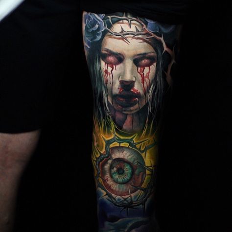 Scary Tattoos Color, Men Horror Tattoo, New School Horror Tattoo, Horro Tattoos Sleeve, Colour Horror Tattoo, Tattoo Collection, Colored Tattoo Design, Skull Sleeve, Clown Tattoo