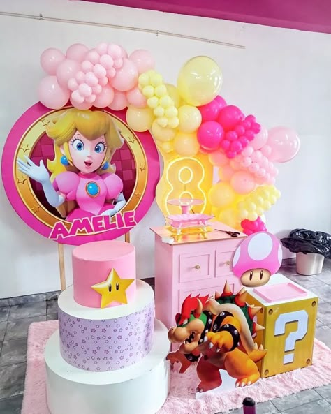 Peaches Party Theme Mario, Peaches Party Theme, Princess Peach Party Decorations, Princess Peach Birthday Party, Princess Peach Birthday, Peach Mario Bros, Peach Birthday Party, Peach Party Decorations, Princess Peach Party