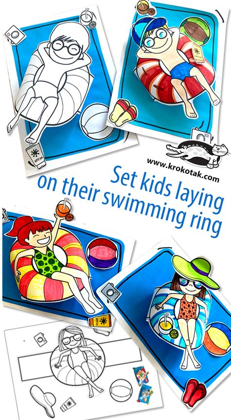 Kids laying on their swimming ring Swimming For Kids, Swimming Activities For Preschool, Swimming Craft, Swimming Art For Kids, Summer Paper Crafts For Kids, Swimming Ring, Swimming Crafts For Kids, Easy Summer Art Projects For Kids, Summer Activities For Kids Preschool