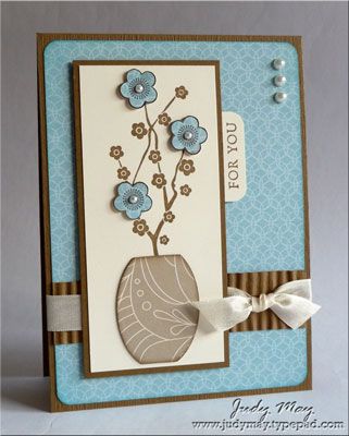 beautiful card...like the colors, design and embellishments and how it all works together... Vase Cards, Stamped Flowers, Blue Cards, Asian Cards, Flowers Cards, Card Layouts, Stamp Collection, Elegant Cards, Japanese Flowers