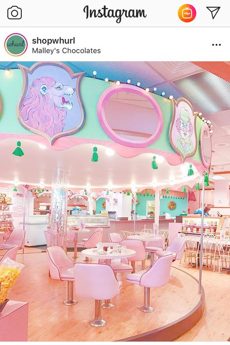 Cleveland, OH - Malley’s Chocolates has a rotating carousel inside, plus look at all this pink 🍬🍦🎀 Aesthetic Cafes, Pink Restaurant, Interior Design Restaurant, Pink Cafe, Bakery Decor, Aesthetic Collection, Kitty Cafe, Cafe Shop Design, Design Restaurant