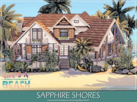 Beach Cottage Sims 4, Sims 4 Costal House, Ts4 Beach House, Summer House Layout, Sims 4 Beach House Island Living, Sulani Beach House Sims 4, Sims 4 Hamptons House, Sims Beach House, Beach House Floor Plan