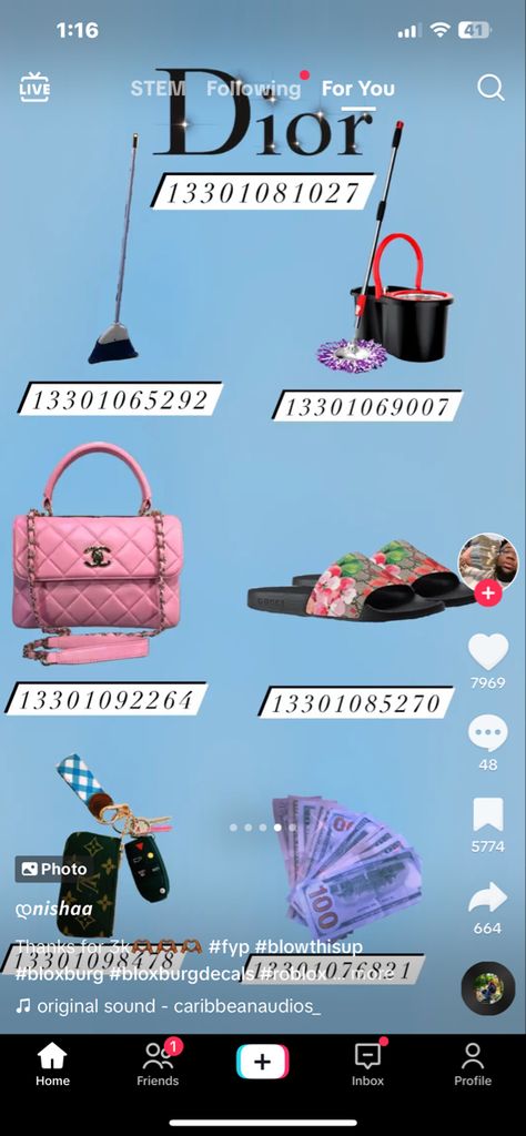 Dior Bloxburg Decal, Bloxburg Dior Decal Codes, Laundry Decals Bloxburg, Bloxburg Hello Kitty Decals, Hello Kitty Decals Bloxburg, Blocksburg Codes, Pictures Codes, Bloxburg Apartment, Bloxburg Tips