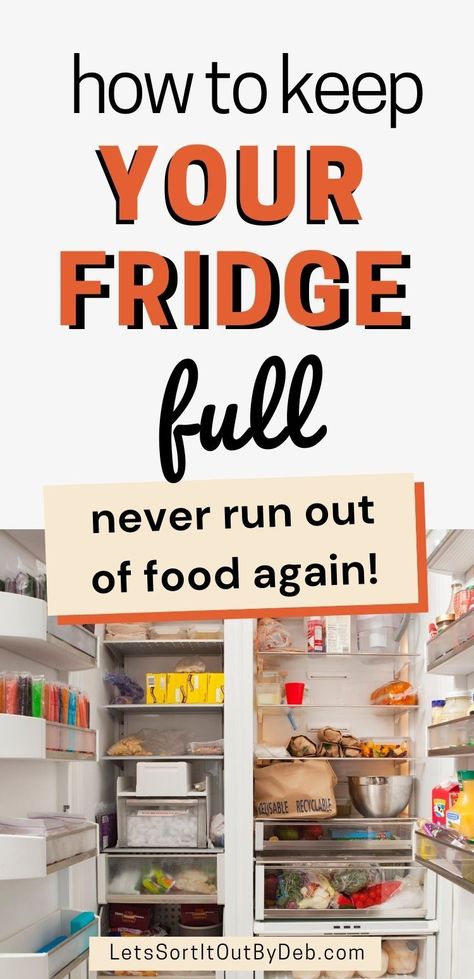 Always running out of food? Check out how to keep your fridge full and have a well stocked refrigerator with the best fridge tips and refrigerator hacks! #fridge #fridgefood #fridgetips #refrigeratorhacks Fridge Stock List, Basic Fridge Necessities, What Should I Have In My Fridge, Food To Have In Fridge, Refrigerator Essentials List, Well Stocked Fridge, Diy Fridge Organization, Stocked Refrigerator, Stocking Fridge